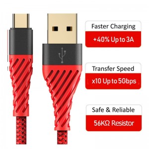 USB C-kabel 3.0, USB-type C-kabel Hurtigopladning USB til mobiltelefonkabel til Samsung Galaxy S8, S9 Plus, Note 8, LG v20, G6, G5, v30, Google Pixel 2 XL, Nexus 6-3 Pack Red