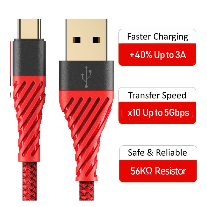 USB C-kabel 3.0, USB-type C-kabel Hurtigopladning USB til mobiltelefonkabel til Samsung Galaxy S8, S9 Plus, Note 8, LG v20, G6, G5, v30, Google Pixel 2 XL, Nexus 6-3 Pack Red